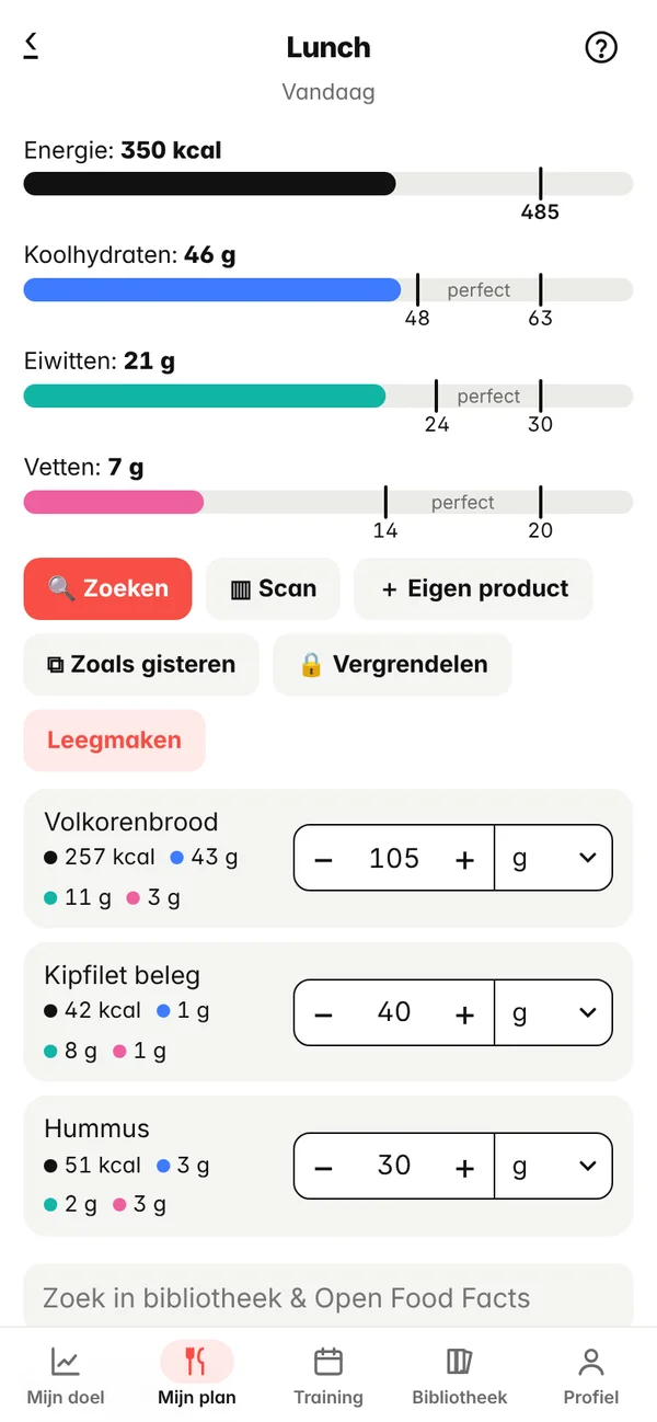 Een maaltijd in Ludus met balken voor koolhydraten, eiwitten en vetten