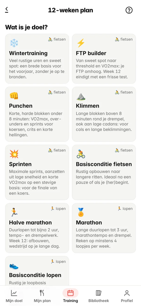Een 12-weken plan kiezen in Ludus: wintertraining, FTP builder, marathon en meer