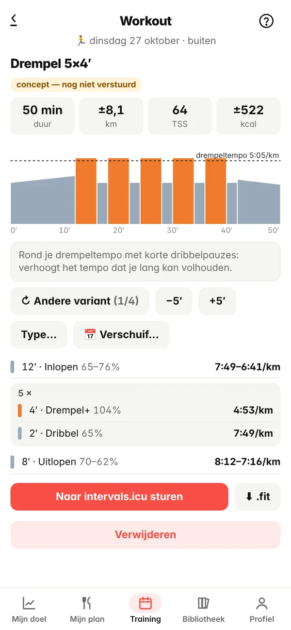 Een loopworkout in Ludus met blokkengrafiek en tempo per blok